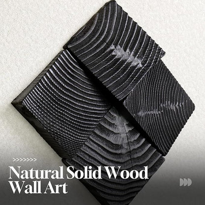3D Wood Textured Framed Black and White Wall Art Set, Modern Neutral Abstract Geometric Paintings Artwork for Walls, Minimalist Black Wooden Pictures Wall Decor for Living Room Hallway Dining Bedroom