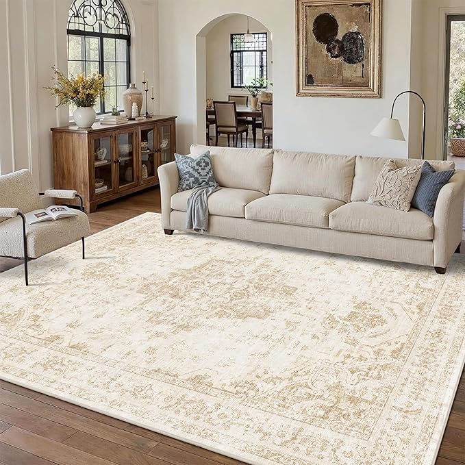 8x10 Vintage Washable Area Rugs Boho Medallion Large Distressed Retro Accent Carpet Floral Non-Slip Soft Low Pile Indoor Throw Rug for Living Room Bedroom Dining Room Office Kitchen, Beige