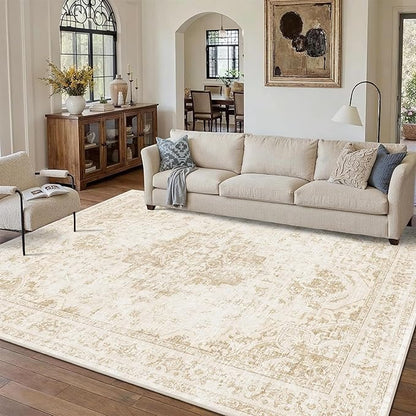 8x10 Vintage Washable Area Rugs Boho Medallion Large Distressed Retro Accent Carpet Floral Non-Slip Soft Low Pile Indoor Throw Rug for Living Room Bedroom Dining Room Office Kitchen, Beige