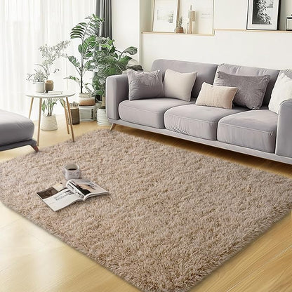 qulint 3x5 Area Rug for Bedroom, Fluffy Soft Shag Bedside Rug Fuzzy Tan Small Area Rug for Nursery, Plush Shaggy Carpet for Boys and Girls Dorm Kid Room Living Room Home Decor (3ft x 5ft, Light Tan)