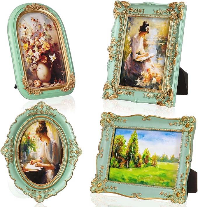 Geetery 4 Pcs Vintage Picture Frames Set, Mint Green Ornate Baroque Frames for Gallery Wall, Antique Victorian Decorative Photo Frame for Tabletop or Wall Display, Shabby Cottagecore Home Decor