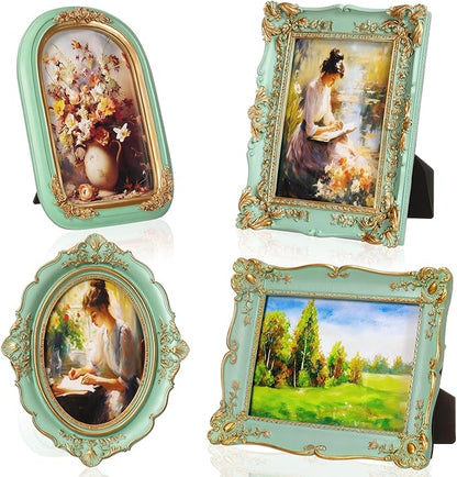 Geetery 4 Pcs Vintage Picture Frames Set, Mint Green Ornate Baroque Frames for Gallery Wall, Antique Victorian Decorative Photo Frame for Tabletop or Wall Display, Shabby Cottagecore Home Decor