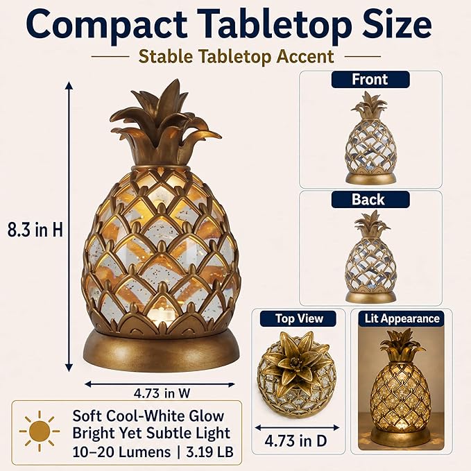 8.3 inch Pineapple Glitter Water Lamp, USB Type-C & 3 AA Battery Operated Gold Pineapple Table Lamp with 6 Hours Timer, Soft Ambient Night Light for Bedroom, Living Room, Bar, Shelf Decor, Gift