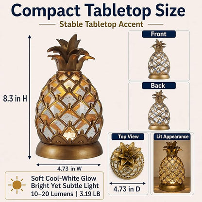 8.3 inch Pineapple Glitter Water Lamp, USB Type-C & 3 AA Battery Operated Gold Pineapple Table Lamp with 6 Hours Timer, Soft Ambient Night Light for Bedroom, Living Room, Bar, Shelf Decor, Gift