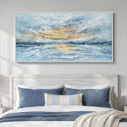 Extra Large Framed Blue Gold Abstract Wall Art for Living Room, Oversized Modern Horizontal Canvas Prints Paintings Artwork for Walls, Coastal Horizon Pictures for Bedroom Hallway Wall Decor 30x60 In