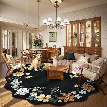 Lahome Floral Washable Round Area Rug, Soft Round Rugs 6ft Ultra-Thin Non-Slip, Boho Large Circle Carpet for Bedroom Living Room Kitchen Nursery Flore, Black/Grey