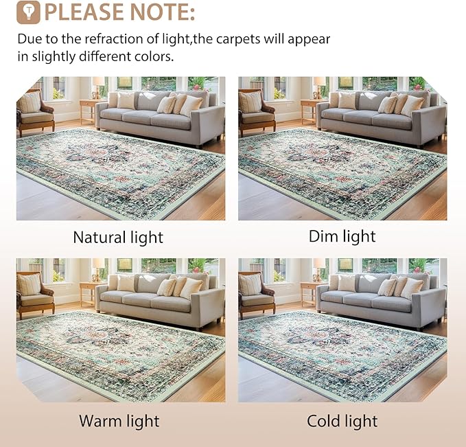 BESTSWEETIE 3x5 Area Rug Washable Rugs for Living Room, No Pile Boho Carpet for Entryway Bedroom Dinning Room, Vintage Carpet Print Distressed Non-Slip, 3 x 5 ft, Multi Navy Teal
