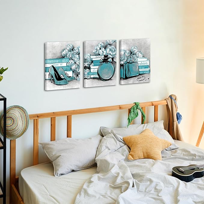 LevvArts 3 Piece Fashion Canvas Wall Art Glam High Heels Perfume Bags with Book Poster Art Painting Prints Framed Modern Teal and Grey Home Bathroom Beauty Room Decorations 12x16inchx3pcs