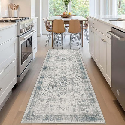 Rugxara 2x6 Washable Runner Rug, Non Slip Boho Runner Rugs for Hallway, Kitchen, Entrance, Bathroom, Laundry Room, Soft Ultra-Thin Entryway Carpet, Throw Low Pile Retro Imitation Carpet, Blue Grey