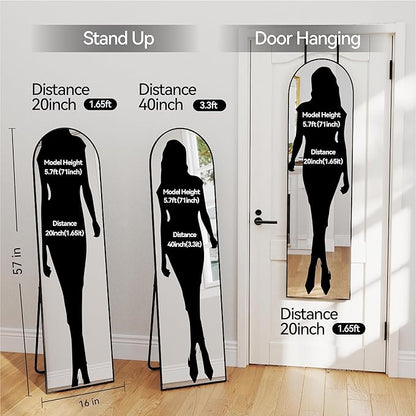 SCWF-GZ 57x16 Door Hanging Full Length Mirror, Floor Stand (Height 5.7ft just Body in1.3ft) / Wall Mounted Metal Frame Arch Dressing Mirrors for Bedroom Living Room 57 inch Black