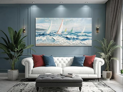 Enartly Wave 3D Textured Ocean Wall Art for Living Room Blue Seascape Sailboat Canvas Coastal Painting Artwork for Bedroom Bathroom Home Office Wall Decor, Large 58"x29"