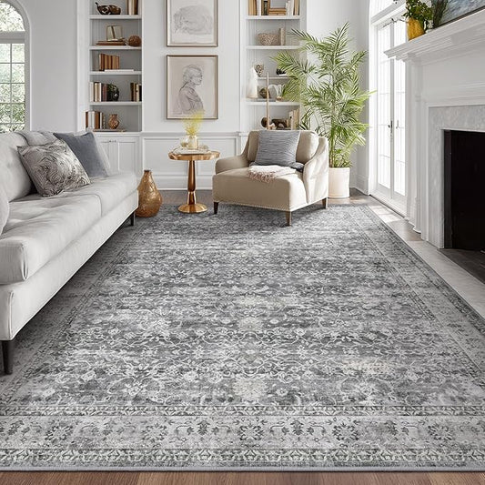 Vintage Neutral Large Area Rugs 9x12 for Living Room, Retro Grey Carpet Rug for Bedroom Dining Room, Washable Rug with Rubber Backing Low Pile Thin Soft for Family Room