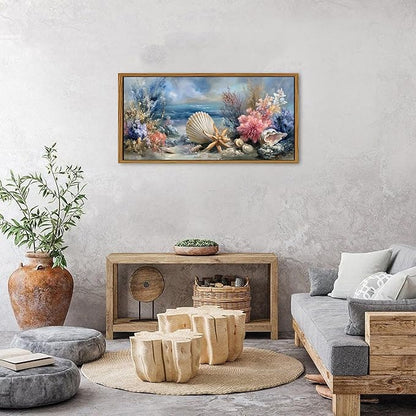 Coastal Coral Wall Art Rustic Seashell Framed Painting Graffiti Abstract Seascape Bathroom Wall Decor Blue Ocean Beach Picture for Living Room Conch Starfish Canvas Print Artwork Home Decoration 20x40