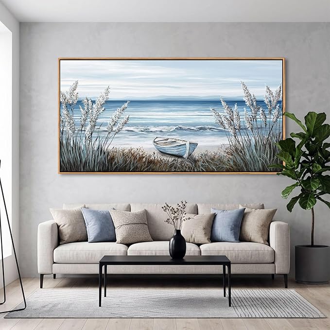 AJAZIKO Beach Vintage Wall Art Pictures for Living Room Coastal Artwork for Walls Ocean Bedroom Wall Decor Above Bed Landscape Beach Canvas Wall Art Featuring Boat, Farmhouse, Seascape 24×48IN