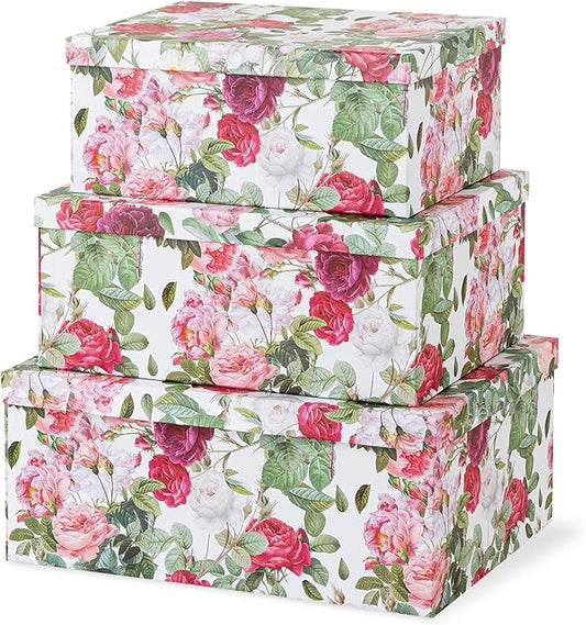 Soul & Lane Decorative Cardboard Storage Boxes with Lids for Home Decor and Organization, Set of 3 Large Keepsake Boxes for Memories & Gifts, Nesting Floral Photo Storage Containers, Rose Romance