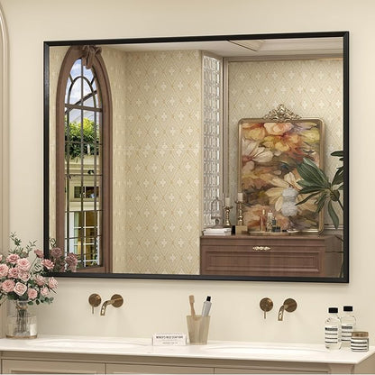 48" x 36" Matte Black Bathroom Mirror for Wall, Rectangular Beveled Vanity Mirror with Aluminum Alloy Frame, Right Angle Corner, HD Reflection, Horizontal or Vertical Mount