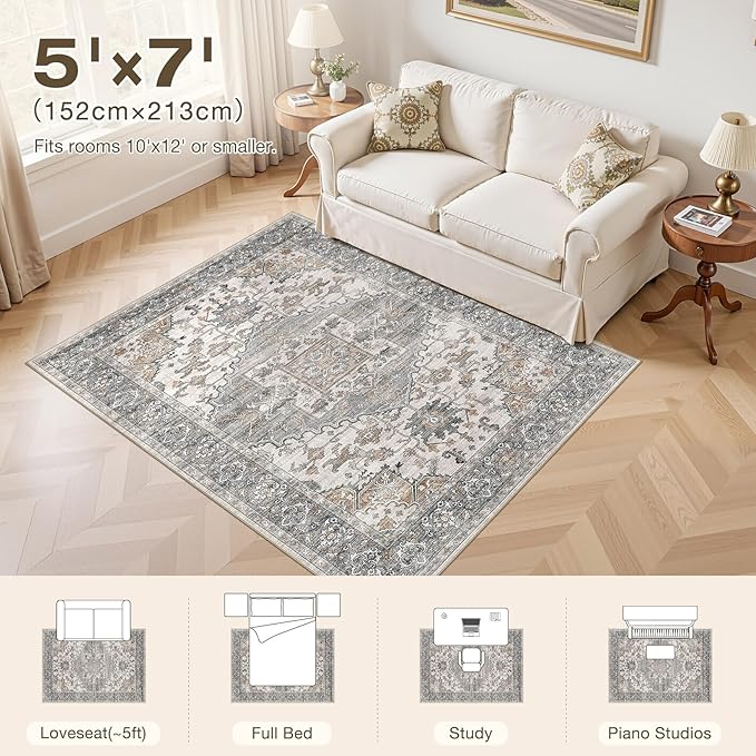 5x7 Washable Area Rugs for Living Room: Non Slip Vintage Gray Brown Rug, Large Soft Stain Resistant Indoor Floor Carpets for Bedroom Dining Room Nursery Home Office Kid & Pet Friendly