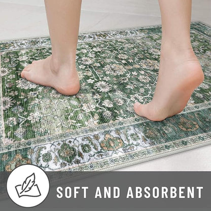 KUTA Vintage Wide Runners for Hallways 3x8 ft Green Washable Kitchen Runner Non Slip Rubber Backed Hall Runners Entryway Runner Rugs Floor Carpet for Indoor Backdoor Bedroom Kitchen