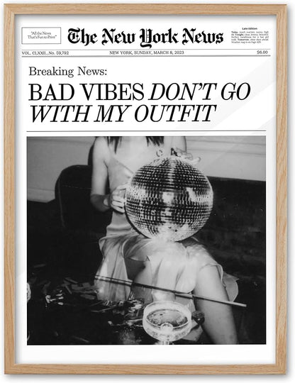 EcoHest Trendy Newspaper Magazine Framed Wall Art, 12x16 in OAK Wood Bad Vibes Don't Go With My Outfit Disco Bar Canvas Wall Art, Preppy Retro Home Decor For Bedroom Living Room 1Pack