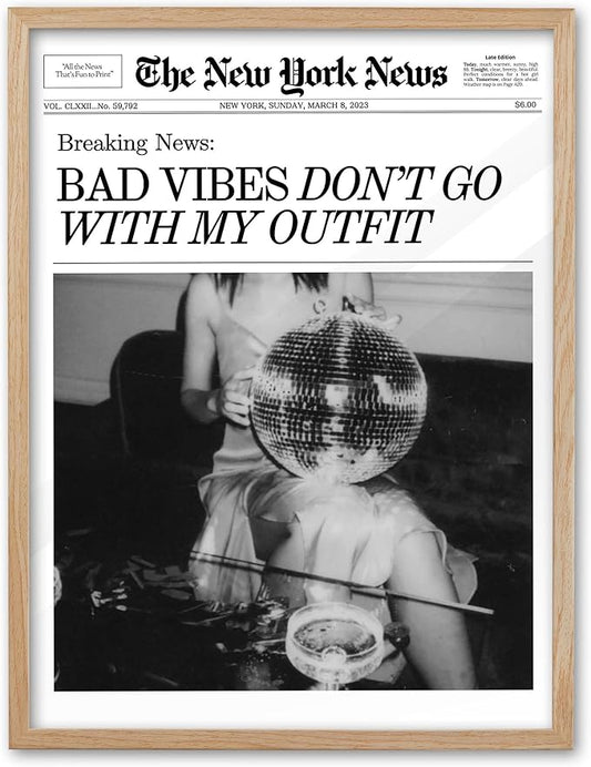 EcoHest Trendy Newspaper Magazine Framed Wall Art, 12x16 in OAK Wood Bad Vibes Don't Go With My Outfit Disco Bar Canvas Wall Art, Preppy Retro Home Decor For Bedroom Living Room 1Pack