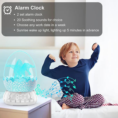 Dinosaur Egg Alarm Clock / Glowing Digital Clock with Night Light, 20 Soothing Sound Timer Training Sleep Machine/Bluetooth Speaker, Dinosaur Decor Lamp for Bedroom/Living Room, Gifts for Kids Adults