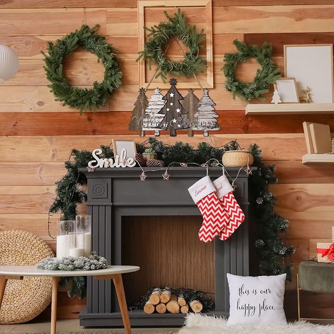 Soaoo Rustic Christmas Door Sign Decor Neutral Wooden Farmhouse Christmas Tree Hanging Sign Nature Vintage Xmas Front Door Decor Wood Welcome Hanger for Home Wall Indoor Outdoor Decoration