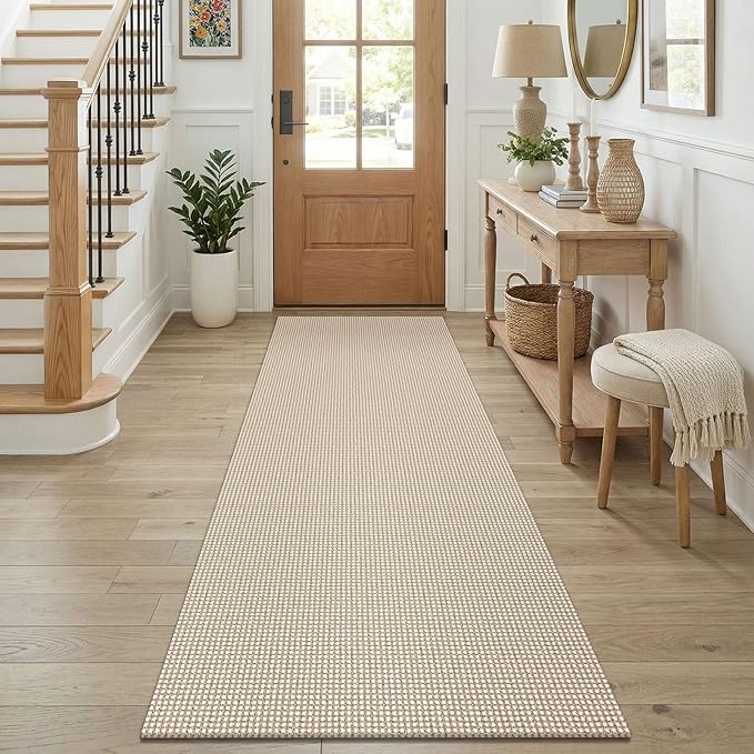KOZYFLY Cotton Runners for Hallway 2.5'x8', Washable Runner Rug, Woven Non Slip Kitchen Runner, Braided Entryway Rug, Floor Carpet for Foyer, Bedroom, Hall, Ivory/Camel/Brown