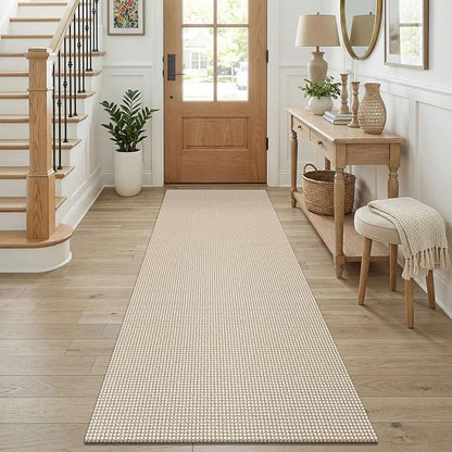 KOZYFLY Cotton Runners for Hallway 2.5'x8', Washable Runner Rug, Woven Non Slip Kitchen Runner, Braided Entryway Rug, Floor Carpet for Foyer, Bedroom, Hall, Ivory/Camel/Brown