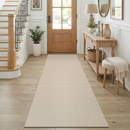 KOZYFLY Cotton Runners for Hallway 2.5'x8', Washable Runner Rug, Woven Non Slip Kitchen Runner, Braided Entryway Rug, Floor Carpet for Foyer, Bedroom, Hall, Ivory/Camel/Brown