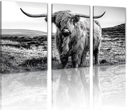 Yatsen Bridge Black and White Scottish Cow Canvas Wall Art Rustic Art Highland Cow Poster Wall Decor Vintage Farm Animal Artwork for Country Apartment Living Room Bedroom Decoration 24x36inchx3pcs