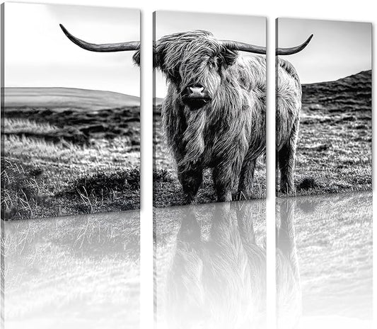Yatsen Bridge Black and White Scottish Cow Canvas Wall Art Rustic Art Highland Cow Poster Wall Decor Vintage Farm Animal Artwork for Country Apartment Living Room Bedroom Decoration 24x36inchx3pcs
