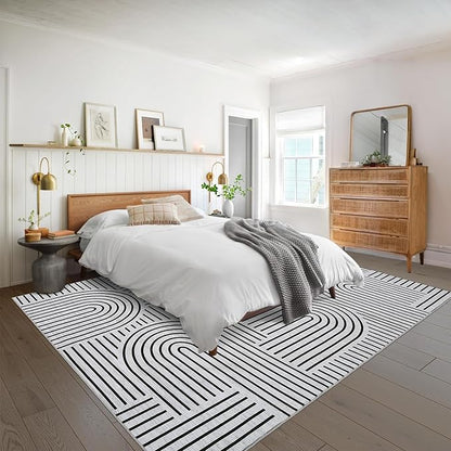 ROYHOME Washable Rug 5x7 Area Rugs for Living Room, Abstract Rug for Bedroom, Soft Rainbow Non Slip Rugs with Rubber Back, Low Pile Stain Resistant Boho Geometric Carpet for Dining Room, Blackwhite