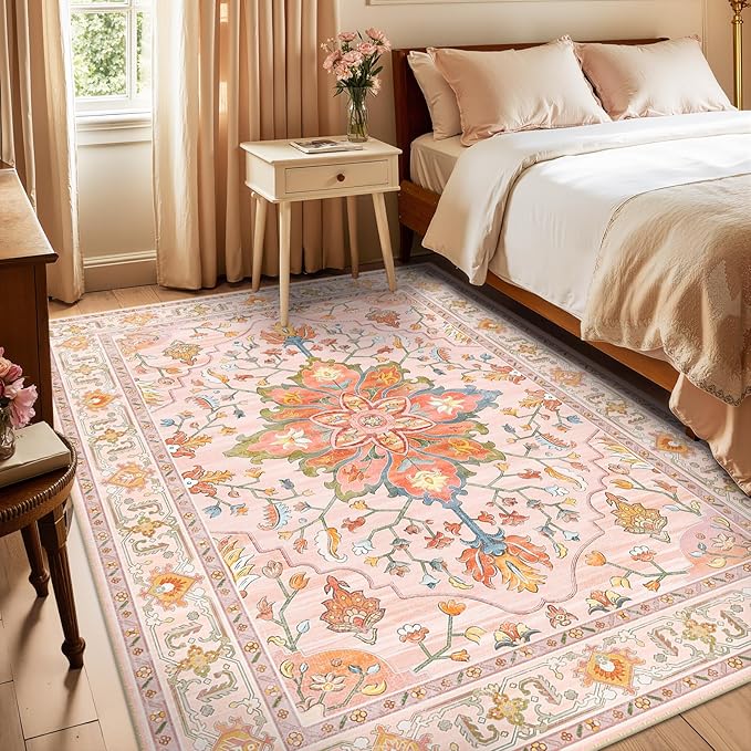 RELEANY Area Rugs 6'x8' Washable Non-Slip, Floral Vintage Distress Print Pattern Medallion Carpet for Living Room Bedroom Dining Room, Light Pink Colorful