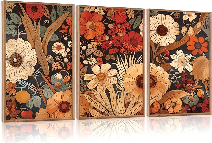 Aurlan Boho Burnt Orange Terracotta Wildflowers Framed Wall Art(16"x24"), 3 PCS Abstract Floral 3D Textured Canvas Artwork, Large Modern Vintage Botanical Nature Art Wall Decor for Home Office Living Room Bedroom