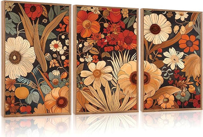 Aurlan Boho Burnt Orange Terracotta Wildflowers Framed Wall Art(16"x24"), 3 PCS Abstract Floral 3D Textured Canvas Artwork, Large Modern Vintage Botanical Nature Art Wall Decor for Home Office Living Room Bedroom