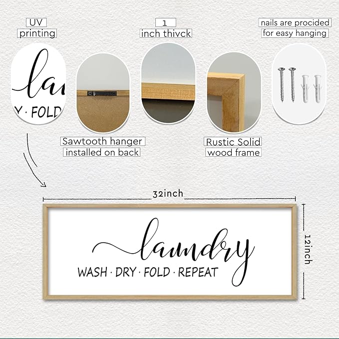 Laundry Room Wall Decor Sign 32"×12" Bathroom Laundry Rules Wash Dry Fold Repeat Large Wood Framed Wall Hanging Art (Wood)