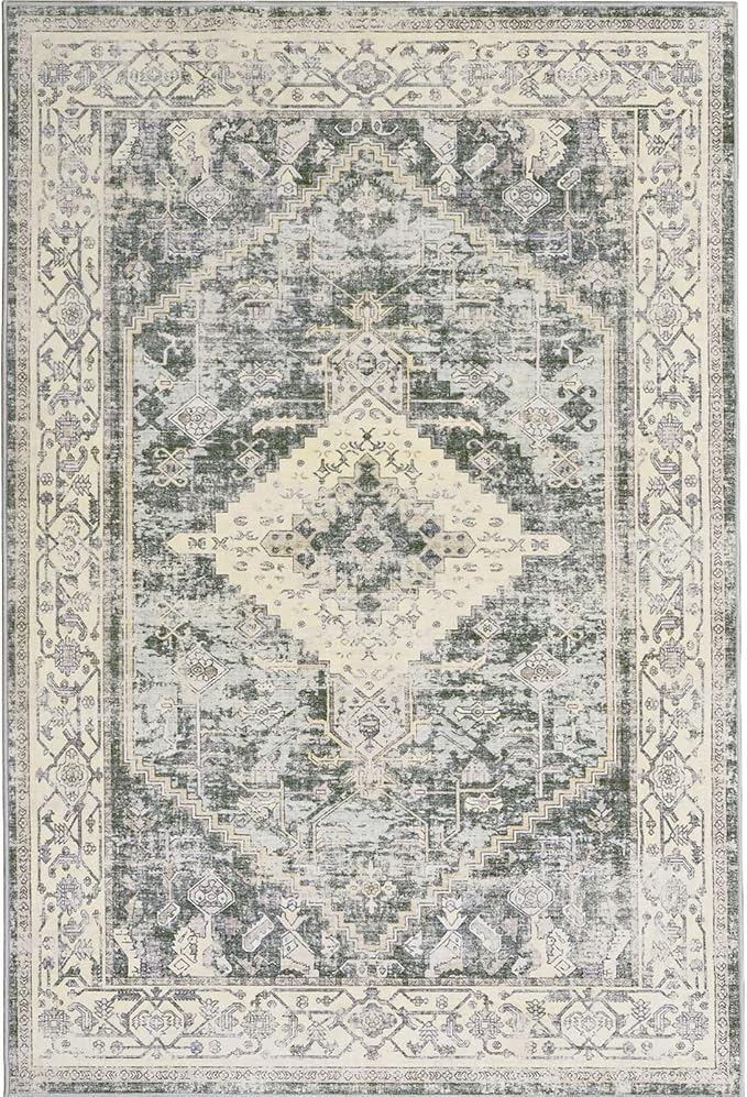 8x10 Washable Area Rug - Non Slip Vintage Rugs Soft Foldable Stain Resistant Large Carpet for Bedroom Living Room Office & Home Decor (Green,8'x10')