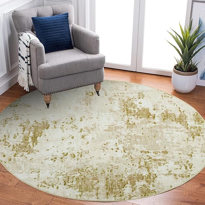 ROYHOME Modern Abstract 4x4 Round Area Rug Non Slip Non Shedding Rug Low Pile Stain Resistant for Bedroom Living Room Office Dining Room,Golden Grey
