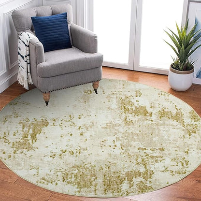 ROYHOME Modern Abstract 8x8 Round Area Rug Non Slip Non Shedding Rug Low Pile Stain Resistant for Bedroom Living Room Office Dining Room,Golden Grey