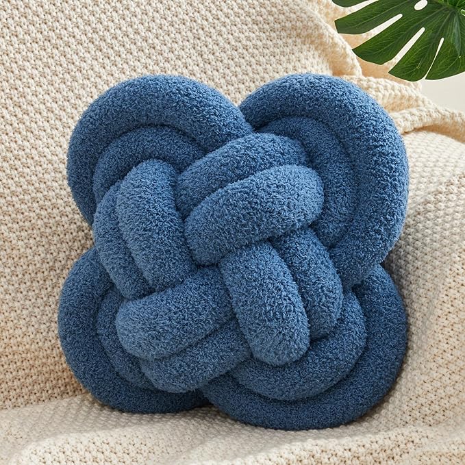 Knot Pillow, 12" Soft Decorative Throw Pillows for Couch Bed, Gray Pink Knotted Plush Throw Pillow Handmade Square Cushion Home Decor Pillows (Dark Blue, 12 Inches X12 Inches)