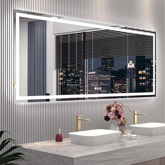 Snowdool 84"X32" LED Bathroom Mirror with Front Lights and Backlit, Anti-Fog, Dimmable, Shatter-Proof Tempered Glass, Lighted Bathroom Vanity Mirror for Wall with 3 Colors, Memory Function