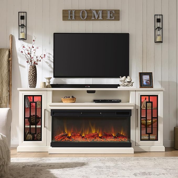 75 Inch Electric Fireplace TV Stand, 3- Side Glass LED Modern Media Entertainment Center Console Table for TVs up to 80/85 Inch w/Adjustable Flame, 40’’ Fireplace, Highboy, Antique White