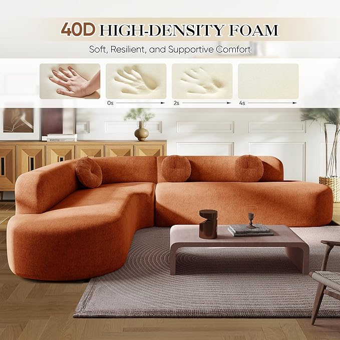 Deep Seat Curved Sectional Sofa - Cloud Round Couch with Elegant Curved Design & 3 Round Cushions, L-Shaped Comfy 4 Seater Floor Sofa, No Assembly Required (Orange)