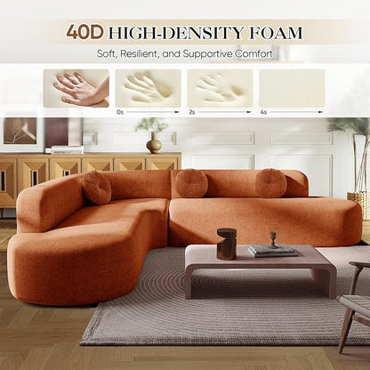 Deep Seat Curved Sectional Sofa - Cloud Round Couch with Elegant Curved Design & 3 Round Cushions, L-Shaped Comfy 4 Seater Floor Sofa, No Assembly Required (Orange)