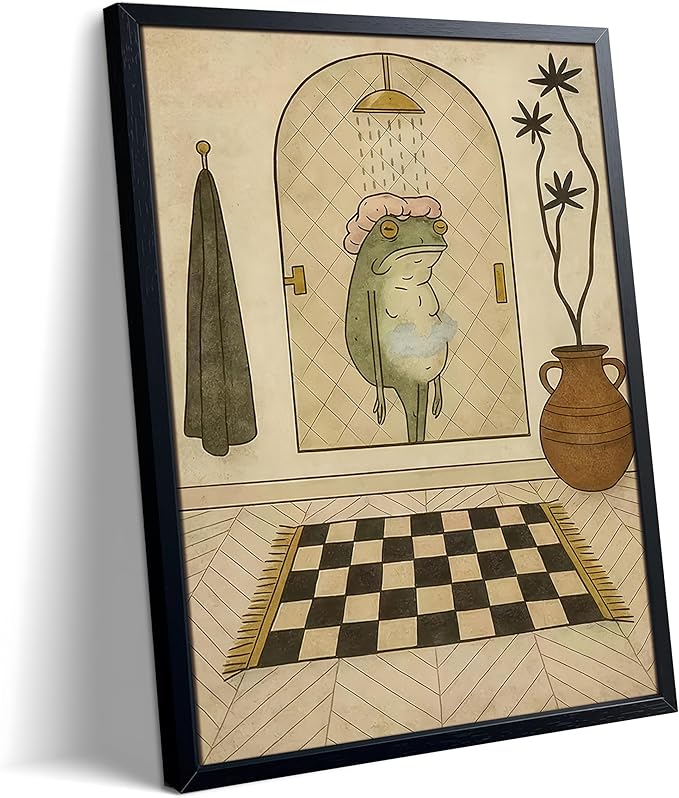 Funny Frog Bathroom Wall Art, Cute Frog Picture Wall Decor, Bathroom Animal Canvas Print Painting for Home Dorm Apartment Toilet Decor 8x10 Inch Framed