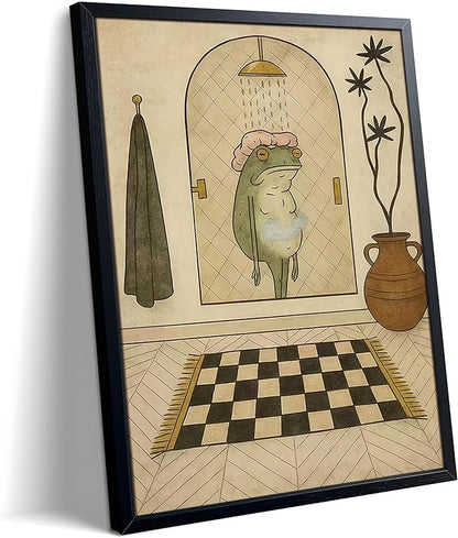 Funny Frog Bathroom Wall Art, Cute Frog Picture Wall Decor, Bathroom Animal Canvas Print Painting for Home Dorm Apartment Toilet Decor 16x24 Inch Framed