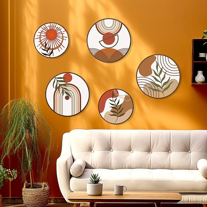 Zzbakress 5 Pcs Boho Wall Decor Farmhouse Wooden Round Bathroom Decor Vintage Boho Wall Decor Modern Aesthetic Minimalist Wooden Wall Art for Bedroom Office (Fresh, 5)