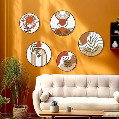 Zzbakress 5 Pcs Boho Wall Decor Farmhouse Wooden Round Bathroom Decor Vintage Boho Wall Decor Modern Aesthetic Minimalist Wooden Wall Art for Bedroom Office (Fresh, 5)