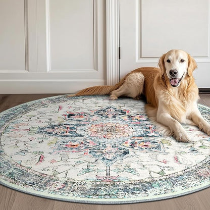 BESTSWEETIE 8ft Area Rug Washable Rugs for Living Room, No Pile Boho Carpet for Entryway Bedroom Dinning Room, Vintage Carpet Print Distressed Non-Slip, 96" Round, Multi Navy Teal