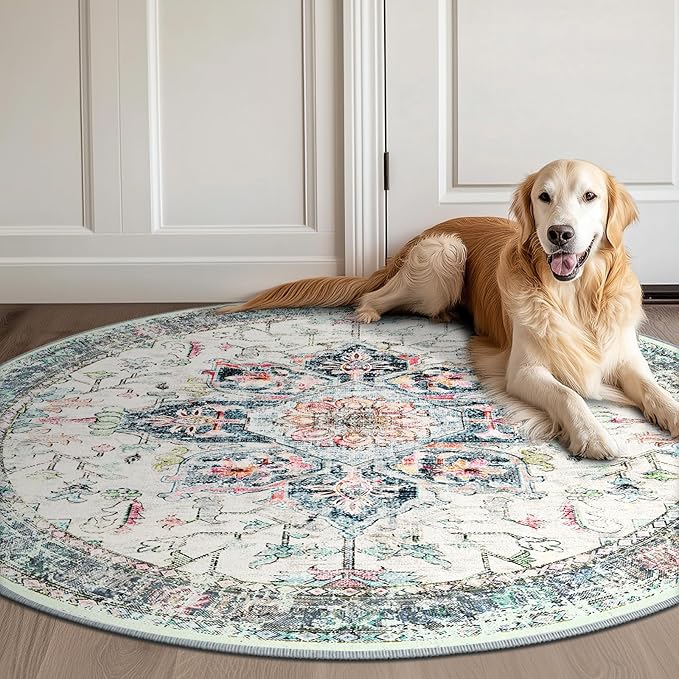 BESTSWEETIE 4ft Area Rug Washable Rugs for Living Room, No Pile Boho Carpet for Entryway Bedroom Dinning Room, Vintage Carpet Print Distressed Non-Slip, 48" Round, Multi Navy Teal